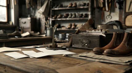 Fototapeta premium Artisan Craftsmanship Custom Cobbler's Bench with Leather Shoes Tools and Business Cards