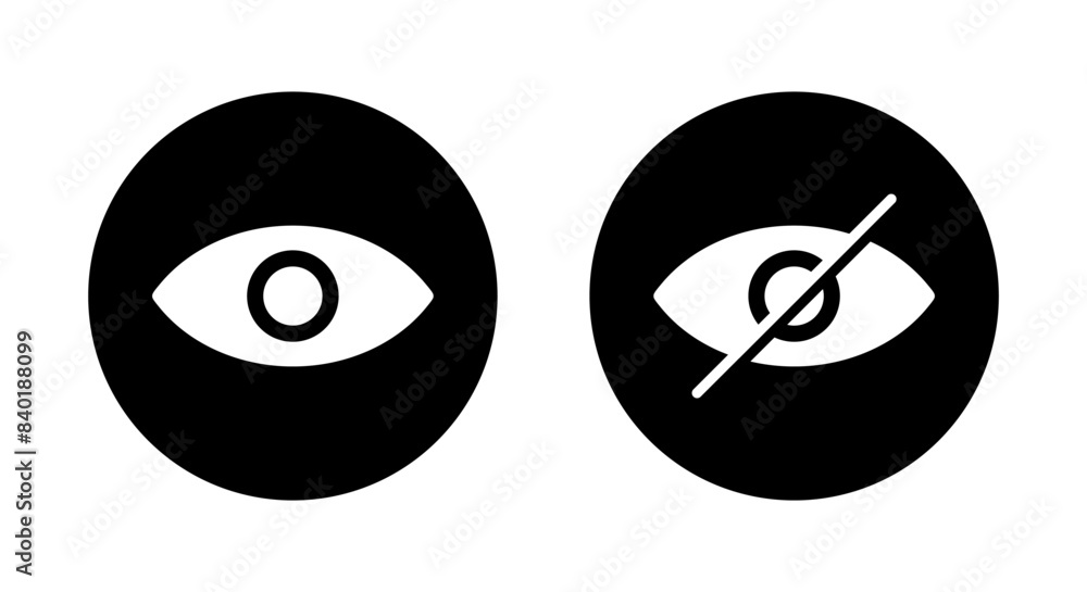 Poster eye and sensitive content icon on black circle. visible and invisible button