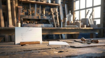 Naklejka premium Artisanal Woodworking Handcrafted Furniture Workshop with Business Cards Chisel Set and Raw Wood Planks Creative Craftsmanship and Design Inspiration