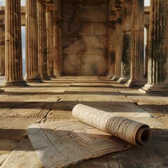 Ancient scroll laying on the stone floor of a temple. The scroll is a light brown color and appears...