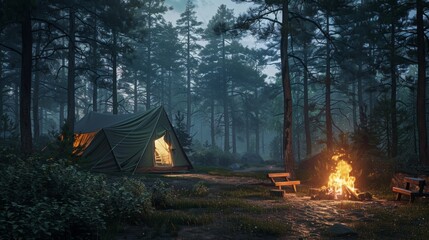 Campsite in a forest at night. There is a tent pitched near a campfire. The campfire is crackling and flames are shooting up into the night sky. Fog hangs low in the air around the trees.