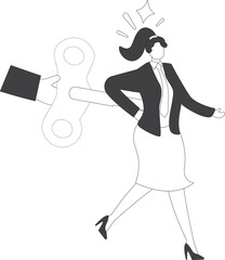 Tired Businesswoman with wind up key, Tired woman with wind up key has run out of power