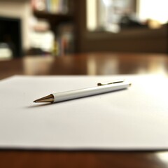 white pen with a gold-colored handle resting on a blank sheet of paper. The paper is on a wooden table. The pen is capped and rests near the bottom of the paper.