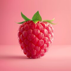 Single raspberry with a green leaf in close-up. The raspberry is pink and hairy and has a single bramble. It is against a plain pink background.