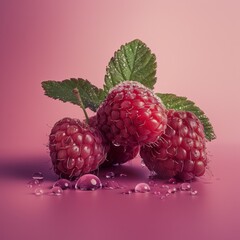 Three raspberries sitting on a light pink background. There are water droplets clinging to the surface of the raspberries, which appear to be fresh and ripe.