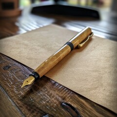 Classic fountain pen resting on a blank sheet of paper. The pen has a sleek, elegant design and a shiny nib. The paper sits on a smooth wooden surface, possibly a desk.