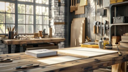 Fototapeta premium Artisanal Craftsmanship Custom Furniture Workshop with Handcrafted Business Cards Sketchbook and Woodworking Tools