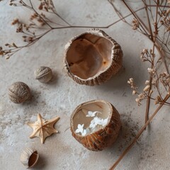 cut coconut shell filled with vibrantly colored flowers. A starfish rests on the edge of the shell. The coconut shell sits on a light colored wooden table.