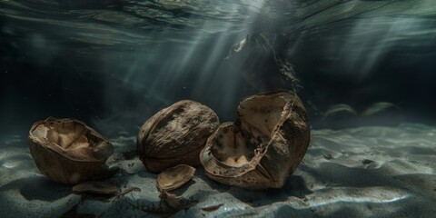 cluster of what appear to be walnut shells on a sandy seabed. They are partially buried in the sand and have what looks like seaweed or other filamentous organisms growing on them.