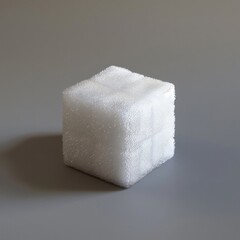 White cube of foam sitting on a gray surface. The foam looks like packing material or craft material.