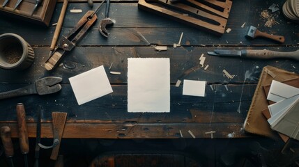 Artisanal Craftsmanship Custom Furniture Workshop with Handcrafted Business Cards Sketchbook and Woodworking Tools