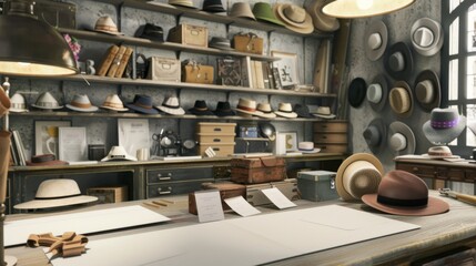 Fototapeta premium Artisan Hat Maker's Workshop Handcrafted Elegance Bespoke Designs and Millinery Mastery