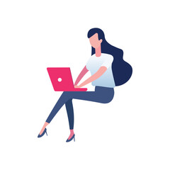 Woman sitting and working isolated on white background.