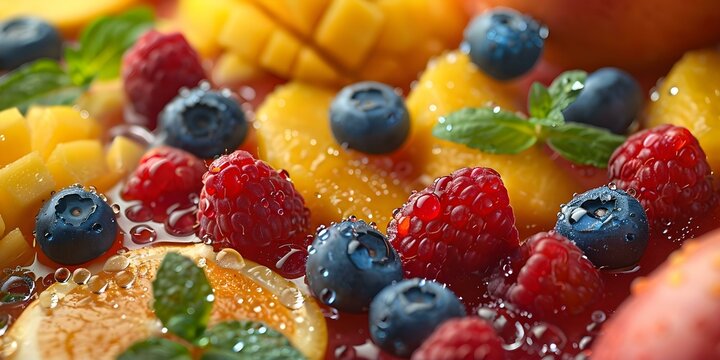 Fresh fruit background with vibrant pattern and glistening drops for Juicy Delights. Concept Fruit Photography, Colorful Background, Fresh Juicy Fruits, Vibrant Patterns, Glistening Drops