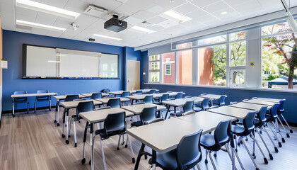 Interior of classroom with desks