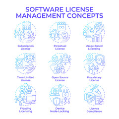 Software license management blue gradient concept icons. Device tracking, access control. Icon pack. Vector images. Round shape illustrations for infographic, presentation. Abstract idea