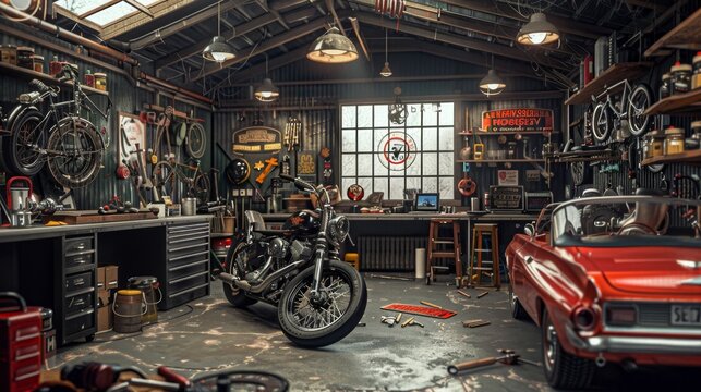 Vintage Motorcycle and Hot Rod Garage Custom Fabrication Tools Classic Cars and Retro Business Cards Stock Image
