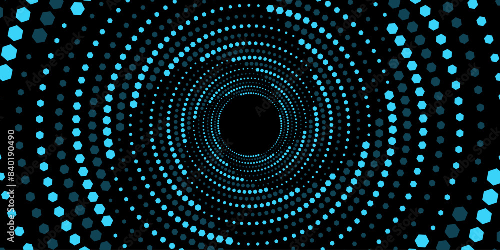 Poster abstract swirling circles of blue hexagons. big data visualization into cyberspace. vortex pattern o
