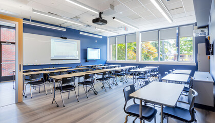 Interior of classroom with desks