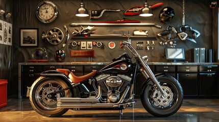 Custom Motorcycle Designer's Workshop Blank Business Cards Sketches Leather Seats and Chrome Parts Creative Workspace for Motorcycle Enthusiasts and Designers