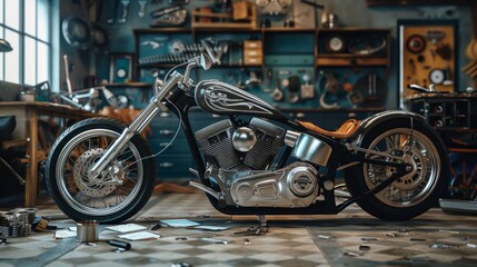 Fototapeta premium Custom Motorcycle Designer's Workshop Blank Business Cards Sketches Leather Seats and Chrome Parts Creative Workspace for Motorcycle Enthusiasts and Designers