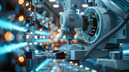 A close up of a robotic arm in a futuristic factory. The arm is made of metal and has a blue light on it. The background is blurred and there are bright lights in the distance.