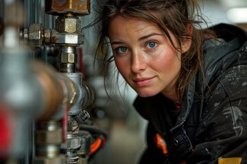 A focused female technician with blue eyes and wet hair inspects industrial piping, wearing a black...