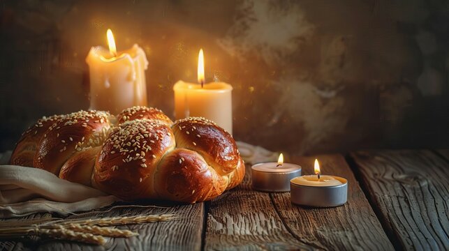 Photorealistic depiction of a low-angle shot of sabbath candles and rich, golden challah bread on a weathered wooden table, inspired by traditional still life, generous copyspace available