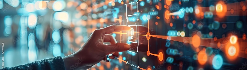 Poster close-up of hand interacting with digital interface, representing technology, innovation, and data a