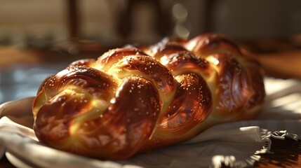 Tilted angle view, freshly baked homemade Challah bread, golden brown crust, soft texture visible, warm lighting, photorealistic detail, inviting and sumptuous