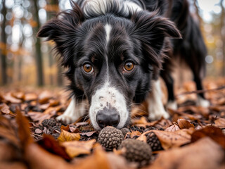 Border Collie Dog in the woods / forest looking for truffles mushrooms	