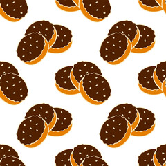 Pattern with cookies with chocolate icing and sesame seeds, on white background.