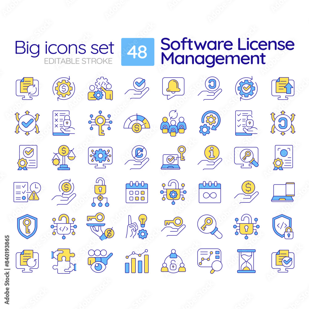 Poster software license management rgb color icons set. user access control. pricing plan. terms and condit