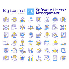 Software license management RGB color icons set. User access control. Pricing plan. Terms and conditions. Isolated vector illustrations. Simple filled line drawings collection. Editable stroke