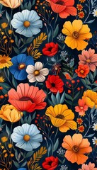 Fototapeta premium Vibrant floral pattern with blue, yellow, red, and orange flowers on a dark background. Perfect for textiles, wallpapers, and design projects.