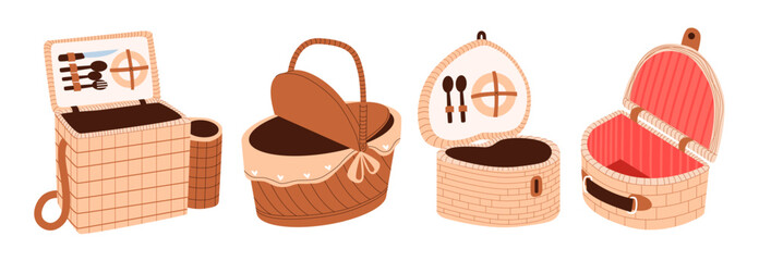Various wicker picnic baskets. Outdoor recreation. Hamper set 