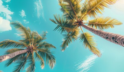 Fototapeta premium Top of coconut palm and sky. Natural seaside and tropical beach coast. Caribbean shore wallpaper. Vacation and holiday at paradise ocean and tree. Abstract summer background