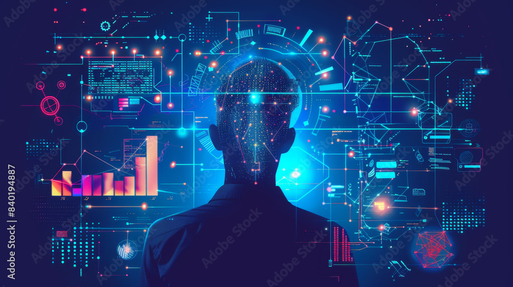 Poster silhouette of a person analyzing complex digital data and charts with ai technology, highlighting ad