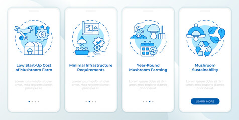 Growing mushrooms benefits blue onboarding mobile app screen. Walkthrough 4 steps editable graphic instructions with linear concepts. UI, UX, GUI template. Montserrat SemiBold, Regular fonts used