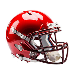 Fototapeta premium Red football helmet with white stripes and a maroon face mask. Isolated on transparent background.