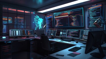 Digital Fortress Cyber Security Expert's Command Center with Multiple Monitors Secure Servers and Blank Business Cards Technology Data Protection Network Security Concept