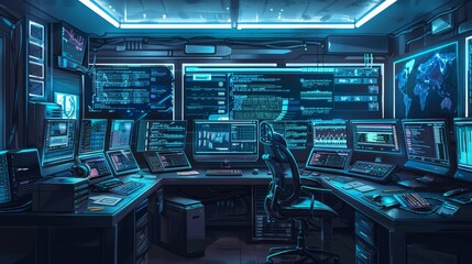 Fototapeta premium Digital Fortress Cyber Security Expert's Command Center with Multiple Monitors Secure Servers and Blank Business Cards Technology Data Protection Network Security Concept
