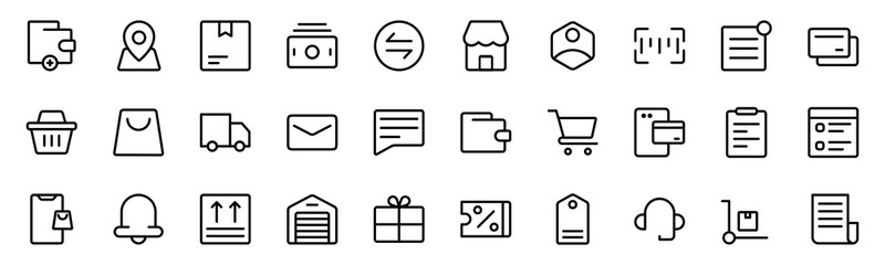 Collection of Basic Ecommerce Essential Related Vector Line Icons. Contains Icons like Store, Email, Discount, Shopping Cart and more. Editable stroke. 48x48 pixels