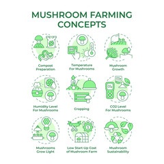Mushroom farming soft green concept icons. Mushroom cultivation. Indoor farm conditions. Small business. Icon pack. Vector images. Round shape illustrations. Abstract idea. Easy to use in article