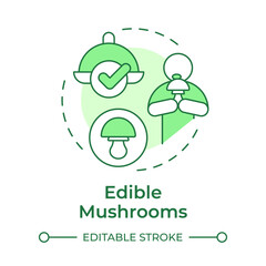 Edible mushrooms soft green concept icon. Safe mushrooms for eating. Foraging mushrooms. Vegan food. Round shape line illustration. Abstract idea. Graphic design. Easy to use in article