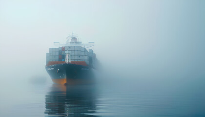 sea container ship in fog in the port