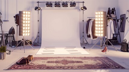 Obraz premium Chic Backstage Glamour Fashion Model's Preshow Prep with Makeup Runway Shoes and Stylish Outfits