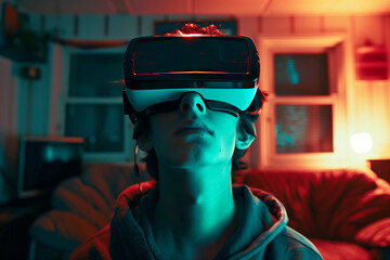 Young man with VR headset explores the metaverse's virtual space. Gaming and futuristic entertainment concept