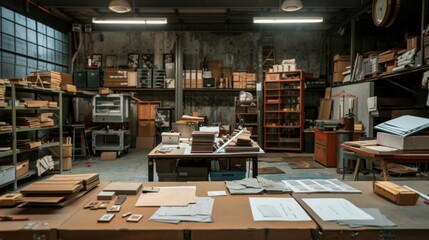 Obraz premium Creative Chaos Film Set Designer's Warehouse with Business Cards Scale Models and Props