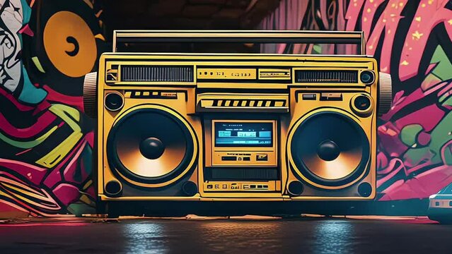 a boombox radio cassette tape recorder set against a vibrant graffiti wall art backdrop, capturing the essence of urban culture and retro music vibes
